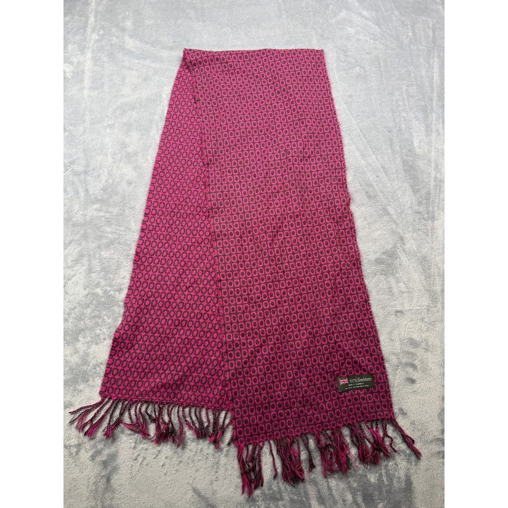 VTG Cashmere Scarf Pink Black Geometric Print Made in Scotland Tasseled Fringe